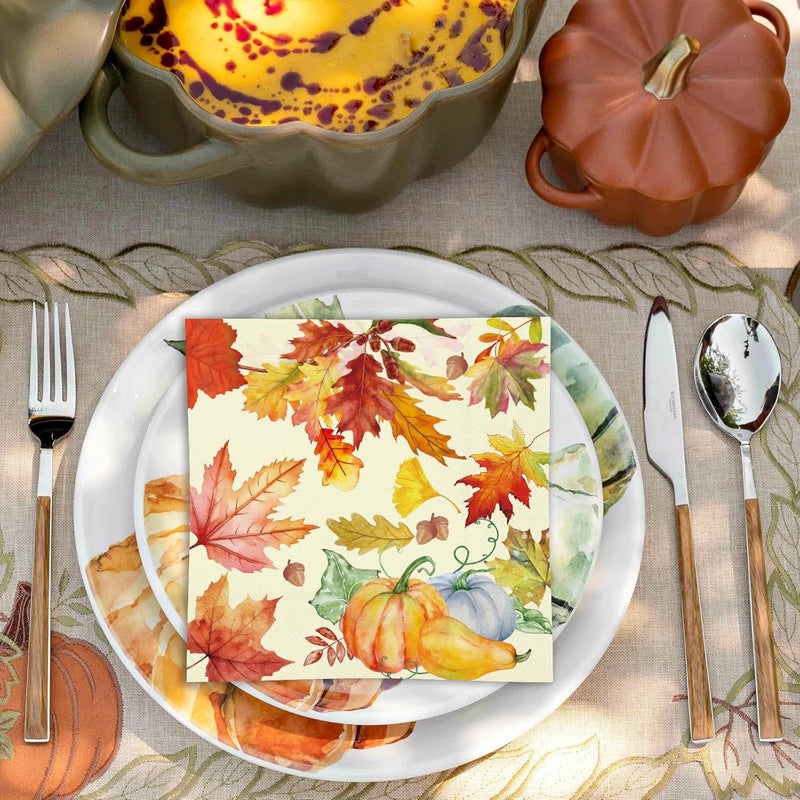 Tbsone 50-PK Fall Thanksgiving Paper Napkins: Disposable 3-Ply Luncheon Napkin with Maple Leaf & Pumpkin Design, Autumn Table Decor for Dinner, Friendsgiving, Wedding, and Party - Image 4
